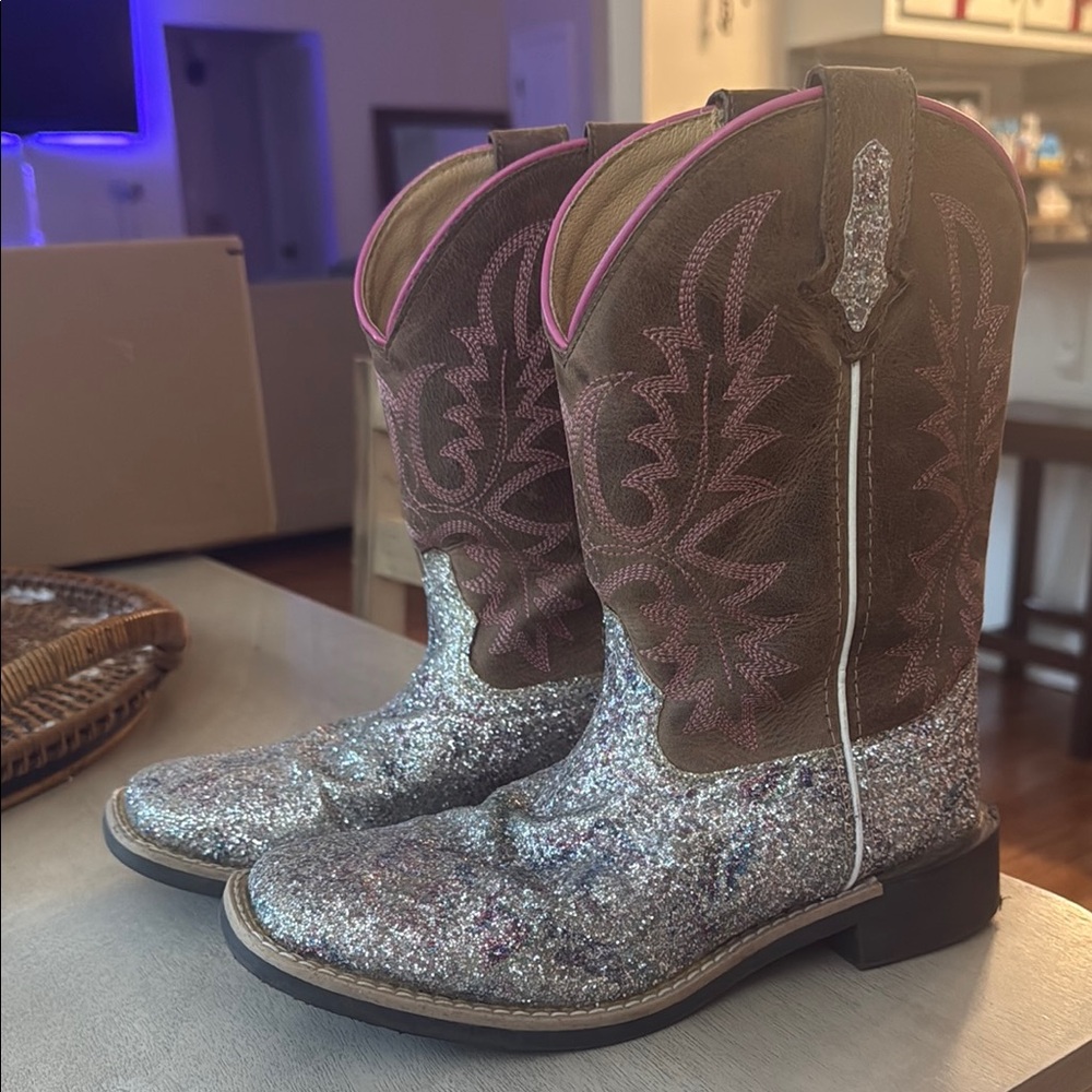 Smoky Mountain Ariel Sparkling Glitter Cowboy Boots with Pink Trim youth girls 3
